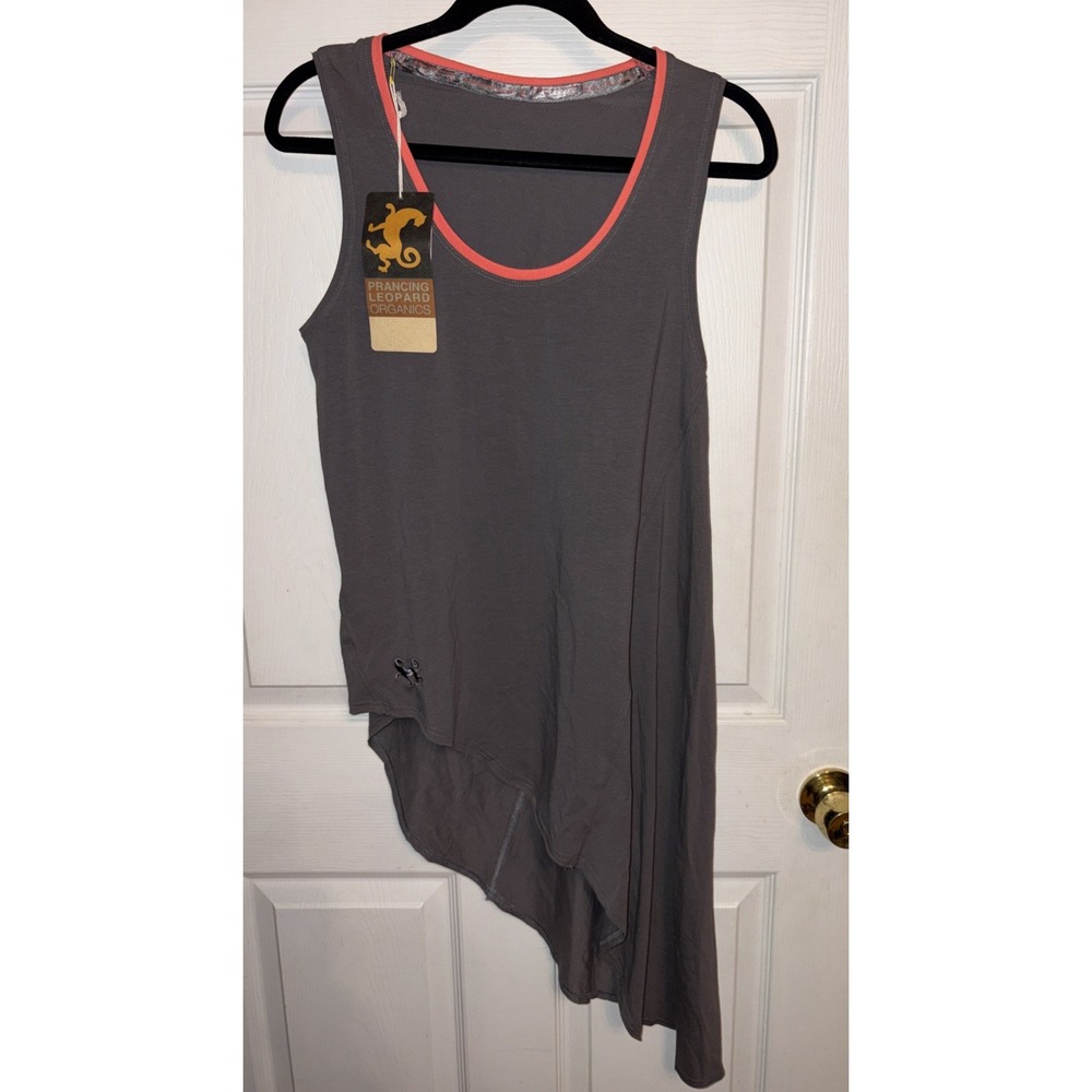 NWT Prancing Leopard L Organic Cotton Yoga Top Tank Gray Orange Arles Sidetail